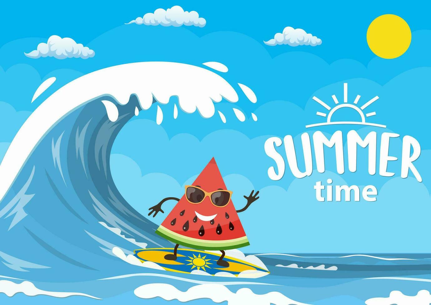 watermelon characters surfing on wave. Holidays on the sea. Beach activities. Summer time. Vector illustration in flat style