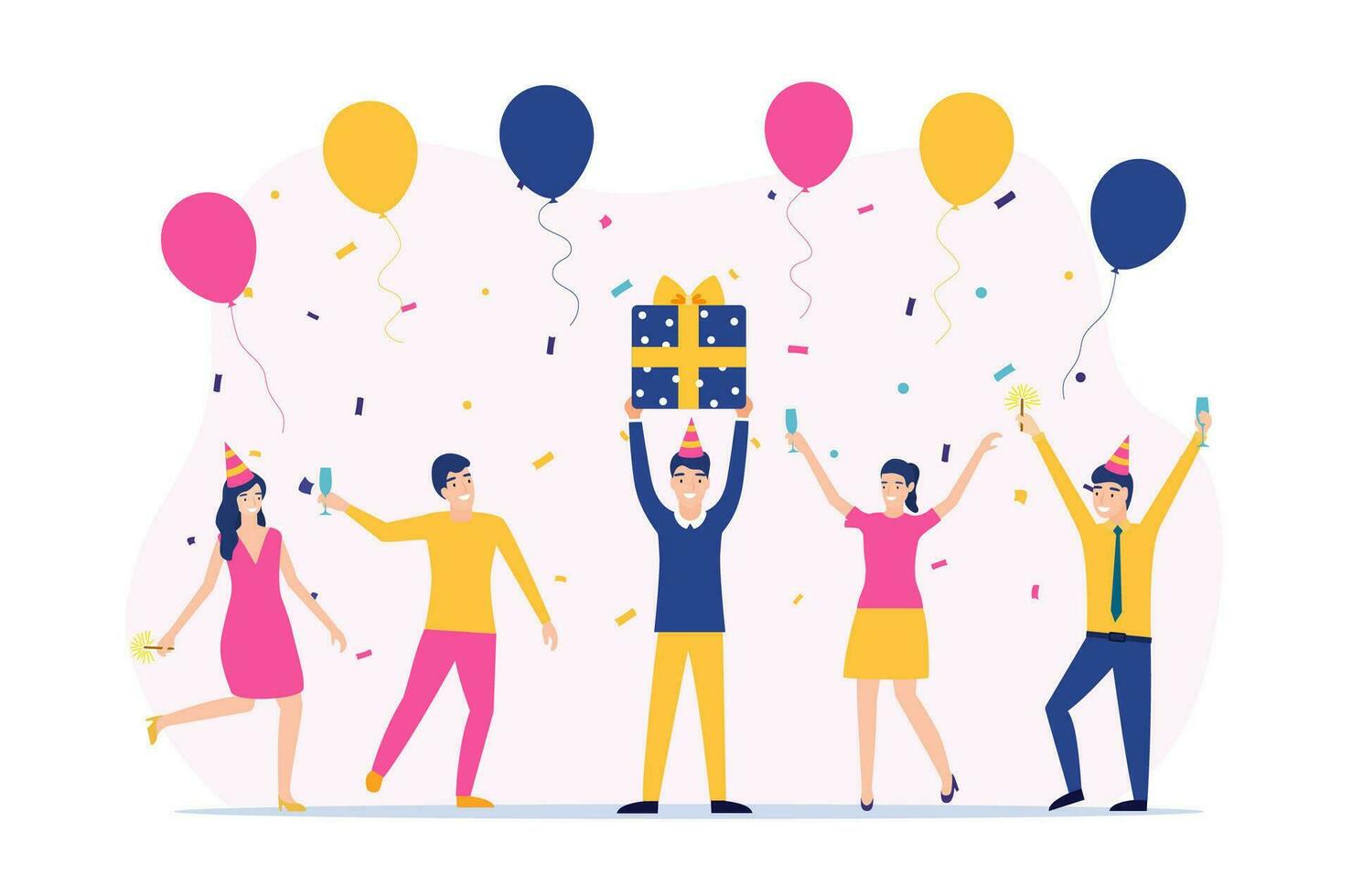 Group of happy people raising hands celebrating holiday. man hold gift box having fun with friends. Vector illustration in flat style
