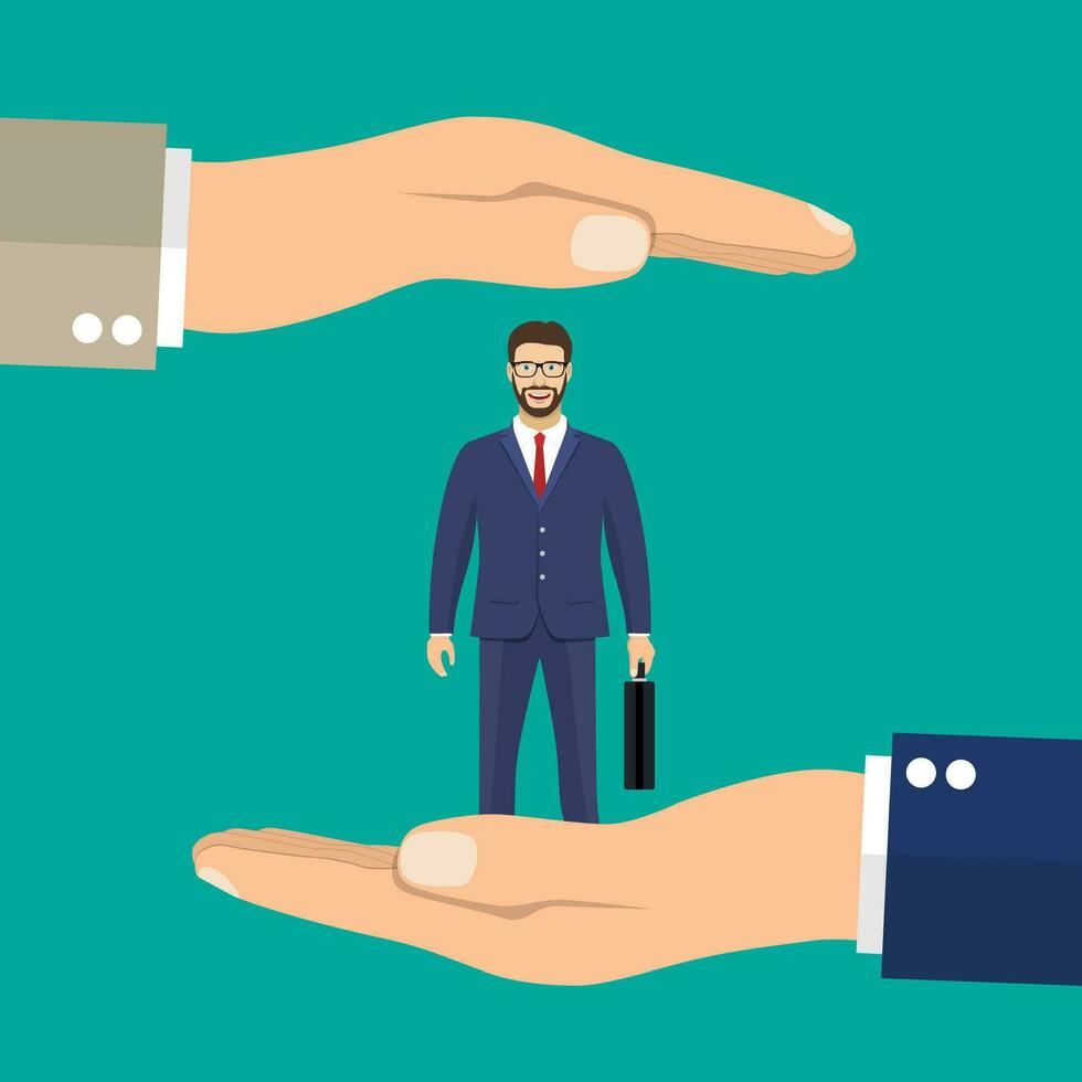 Businessman in hands palm holds client. vector