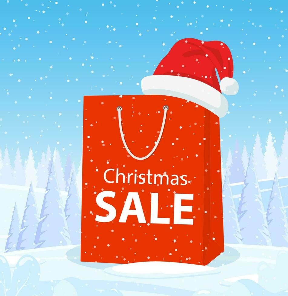 Shopping bag with santa claus hat on the snow. Merry Christmas sale. Vector illustration in flat style.