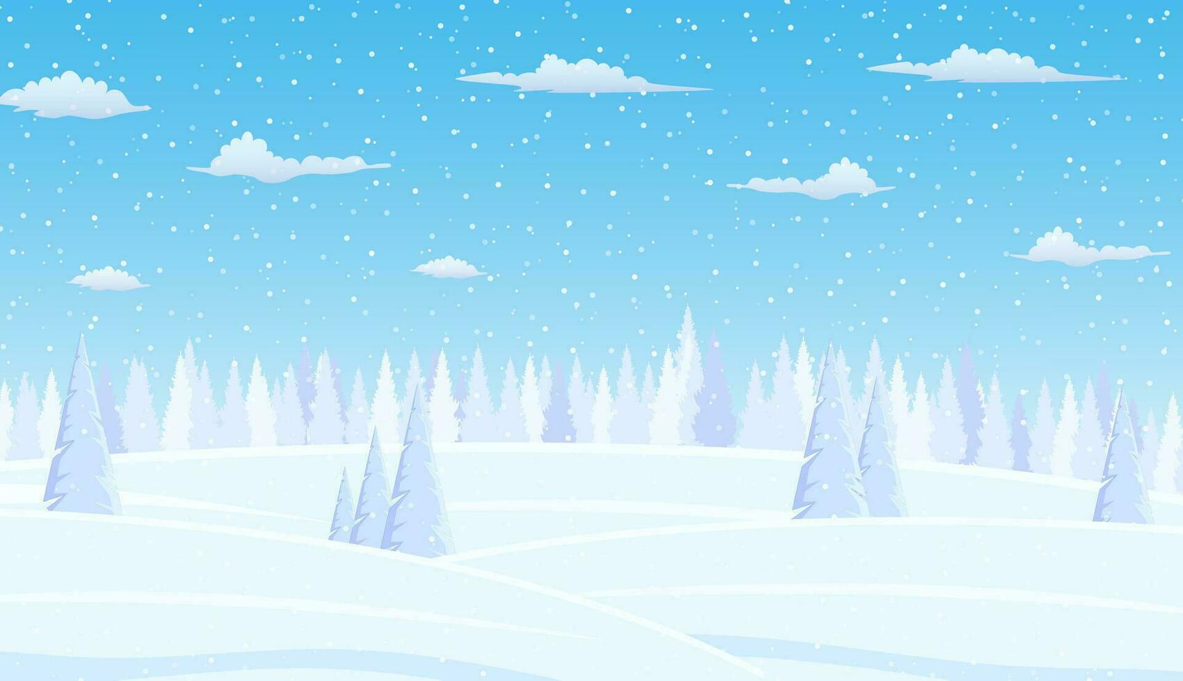 Christmas landscape background with snow and tree. Merry christmas holiday. New year and xmas celebration. Vector illustration in flat style