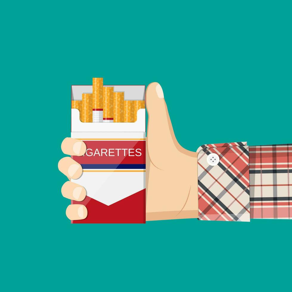 Open pack of cigarettes in hand man. vector