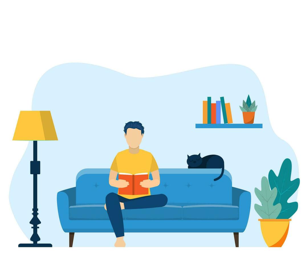 joven hombre leyendo libro sentado en sofá. concepto vivo habitación con sofá, alumno. relajante a hogar con su gato. vector ilustración en plano estilo