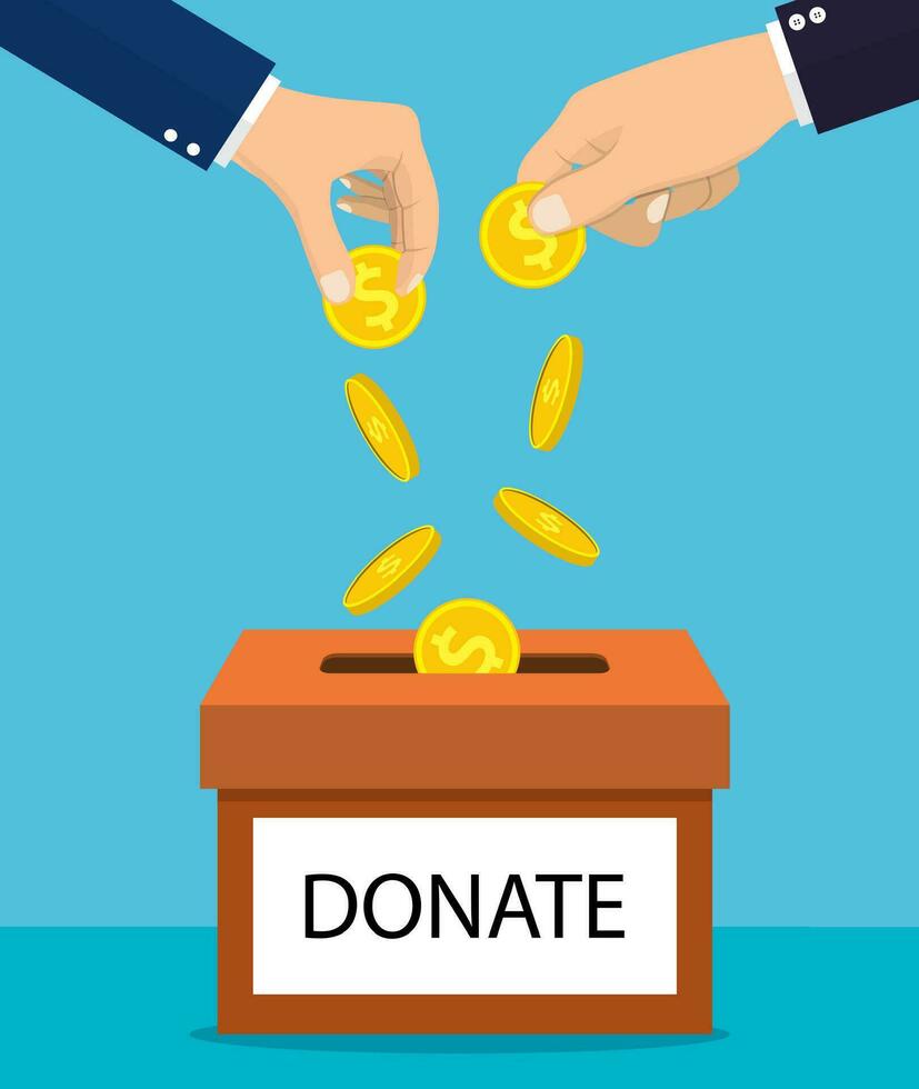 hands depositing coin in a carton box with text banner donate. Donate dollar currency. Vector illustration in flat style