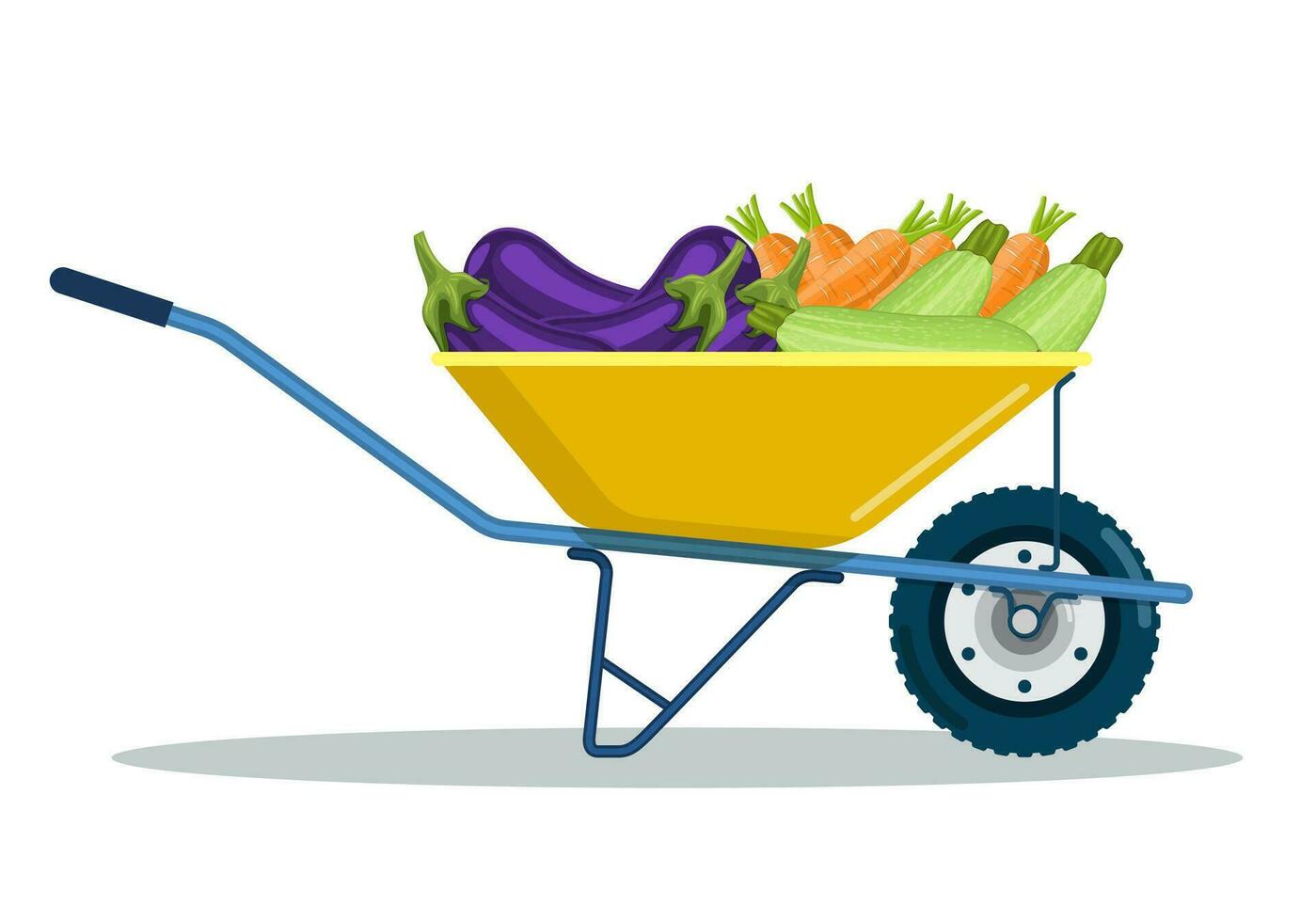 Garden cart with zucchini, eggplant, carrot. Natural and tasty food. Organic farm products. Metal wheelbarrow full of ripe vegetables. Vector illustration in flat style