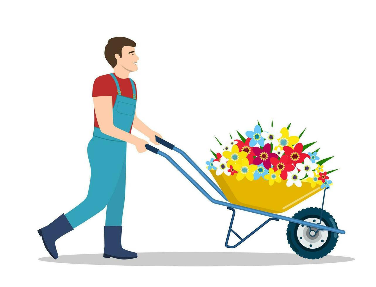 Man with wheelbarrow with spring flowers, Isolated on a white background. Vector illustration in flat style