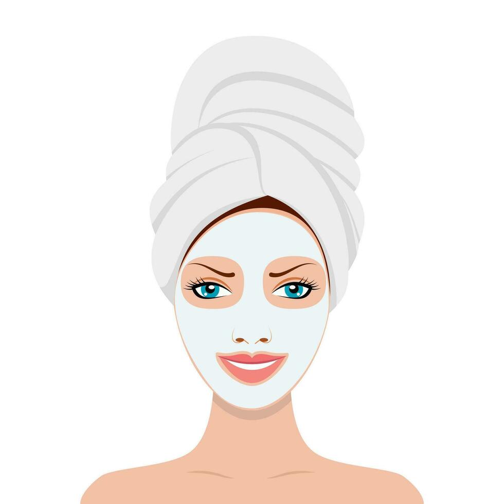 Woman with a cosmetic face mask. Smiling girl portrait. Vector illustration in flat style