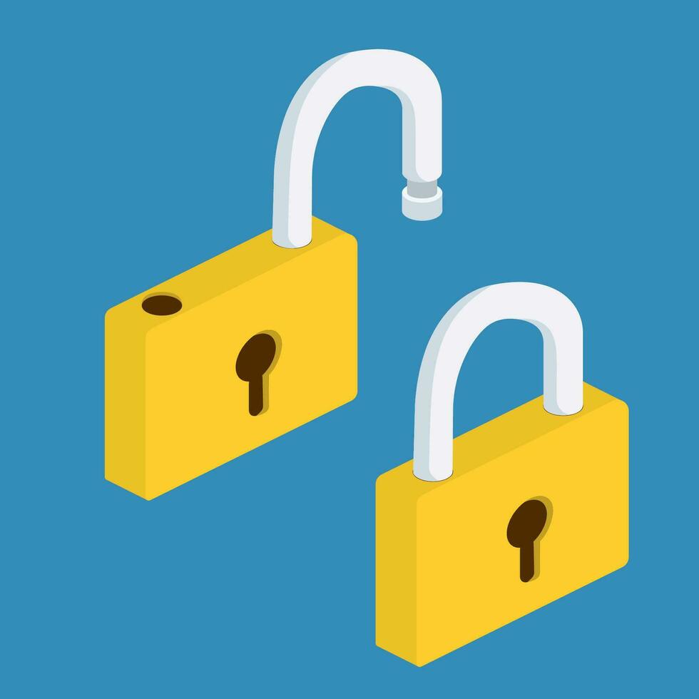 Opened and closed lock icons isolated on blue background, yellow padlocks shapes flat illustration concept for web banners, web and mobile app, web sites, printed materials, infographics vector