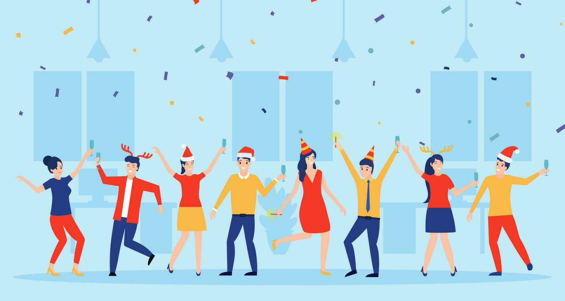 New year party in office. Business team celebrate. Vector illustration in flat style