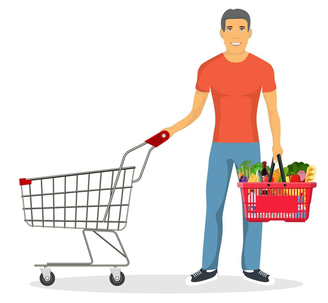 man pushing supermarket shopping cart. isolated on white background. Red plastic shopping basket full of groceries products in hand. Grocery store. illustration in flat style vector