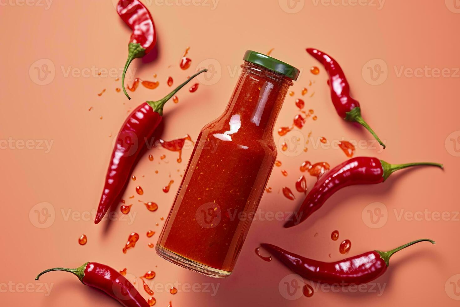 AI generated Tabasco hot pepper sauce with red chili pepper, flat lay. Generative AI photo