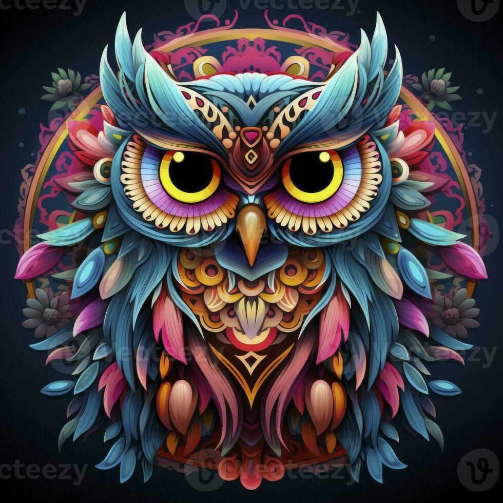 AI generated Multicolored mandala owl coloring page for adults. AI Generated photo