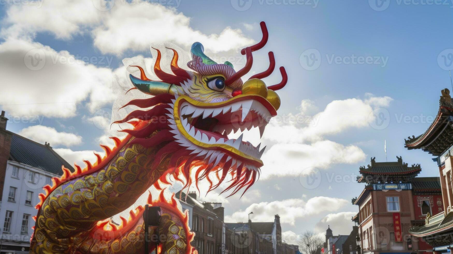 AI generated Chinese Dragon under a bright sky. AI Generated photo