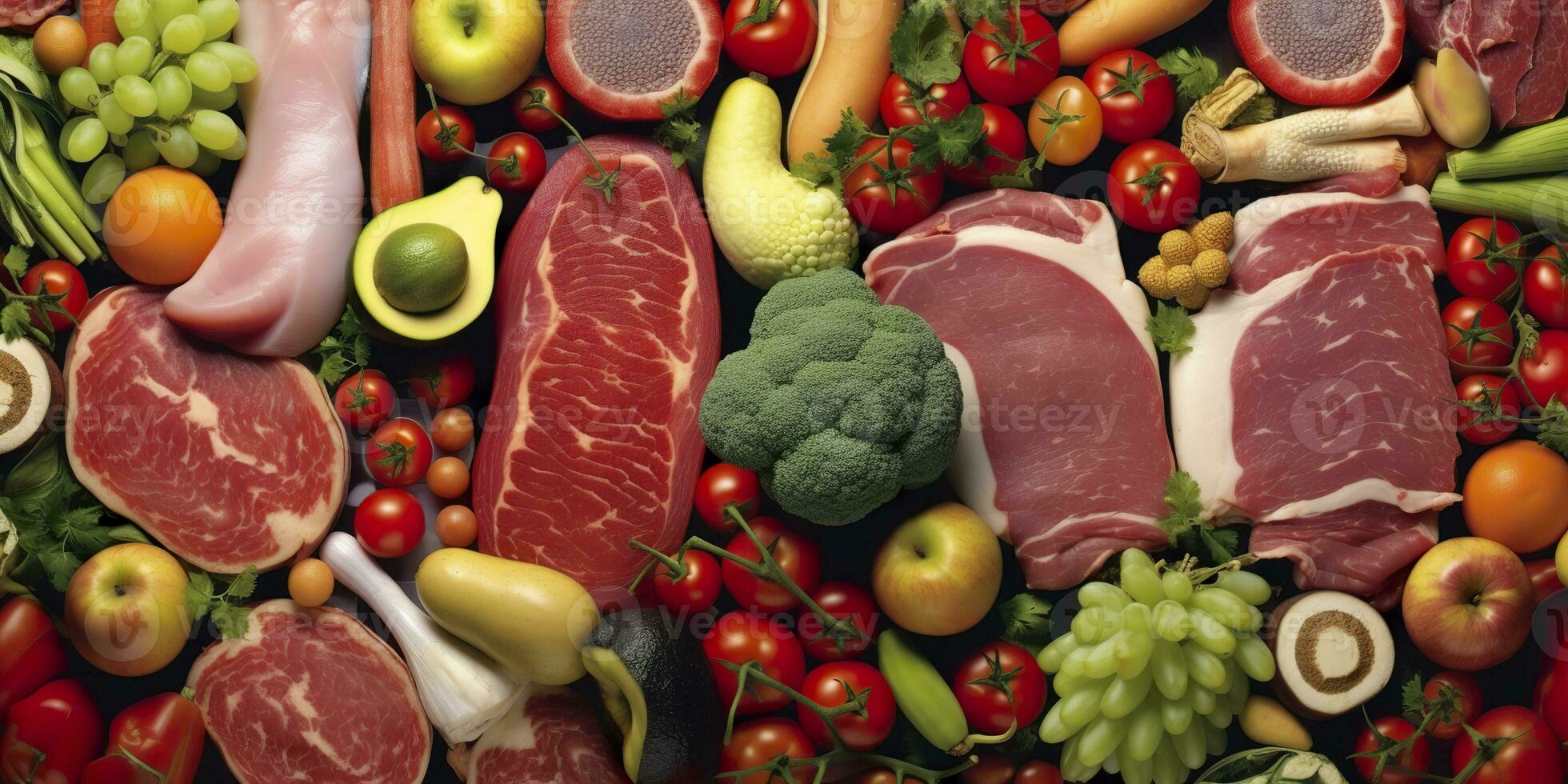 AI generated Different types of meats, vegetables, and fruits lay in supermarkets. Generative AI photo