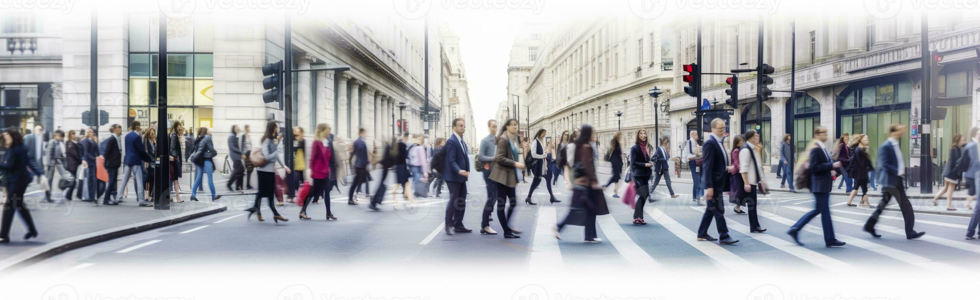 AI generated Walking people blur. Lots of people walk in the City of London. Wide panoramic view of people crossing the road. AI Generated photo