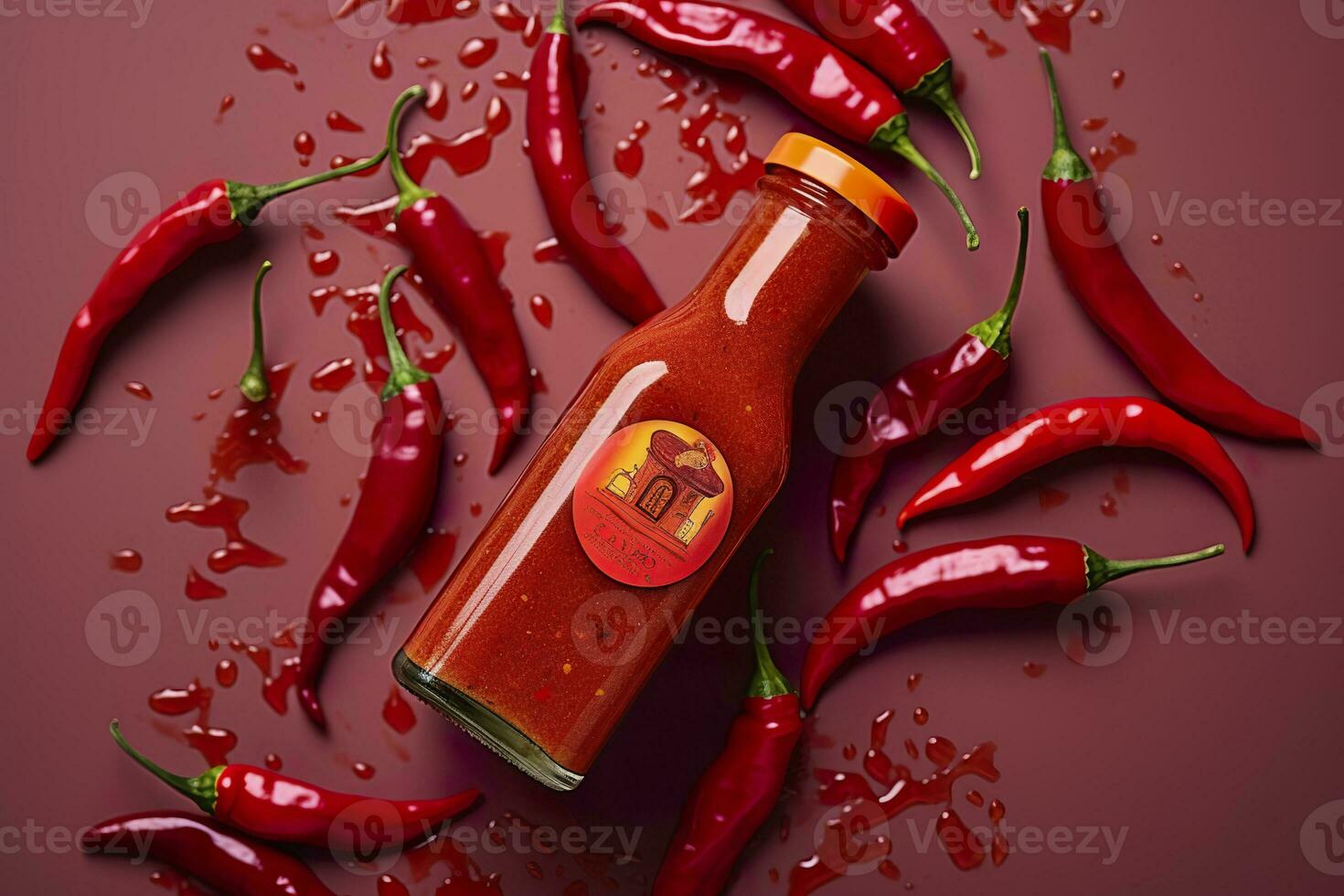 AI generated Tabasco hot pepper sauce with red chili pepper, flat lay. Generative AI photo