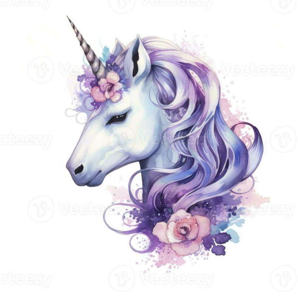 AI generated Watercolor fantasy unicorn clip art. AI Generated photo