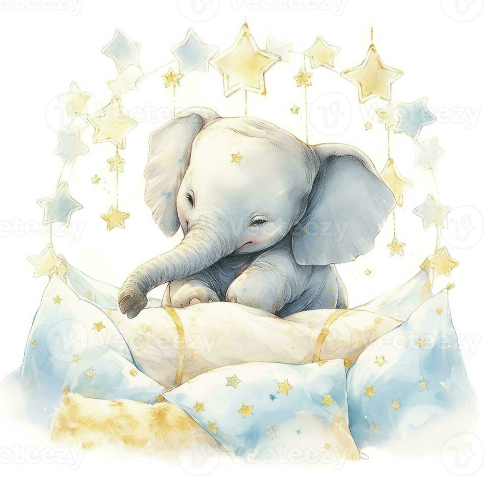 AI generated An elephant on a bed with stars and blankets around the circle. AI Generated photo
