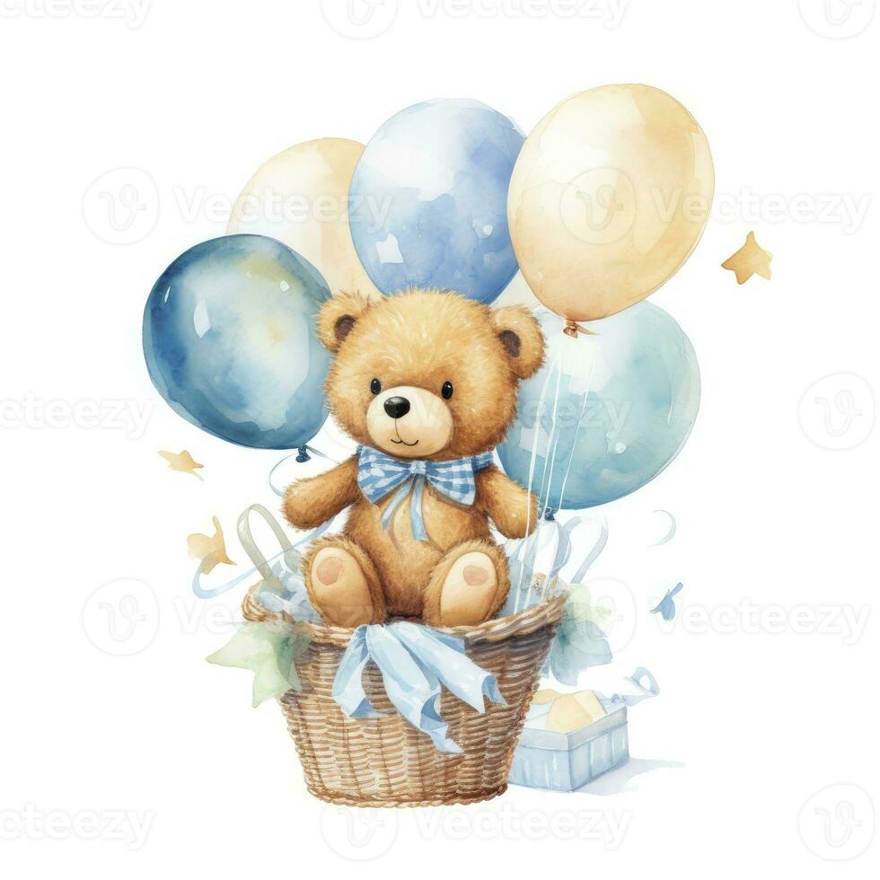 AI generated A watercolor baby teddy bear is sitting in the basket with blue and gold balloons. AI Generated photo