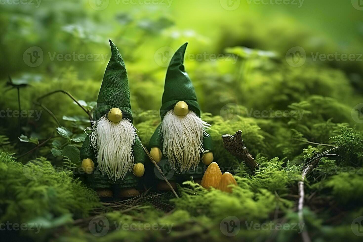 AI generated Toy Irish gnomes in a mystery forest, abstract green natural background. Generative AI photo