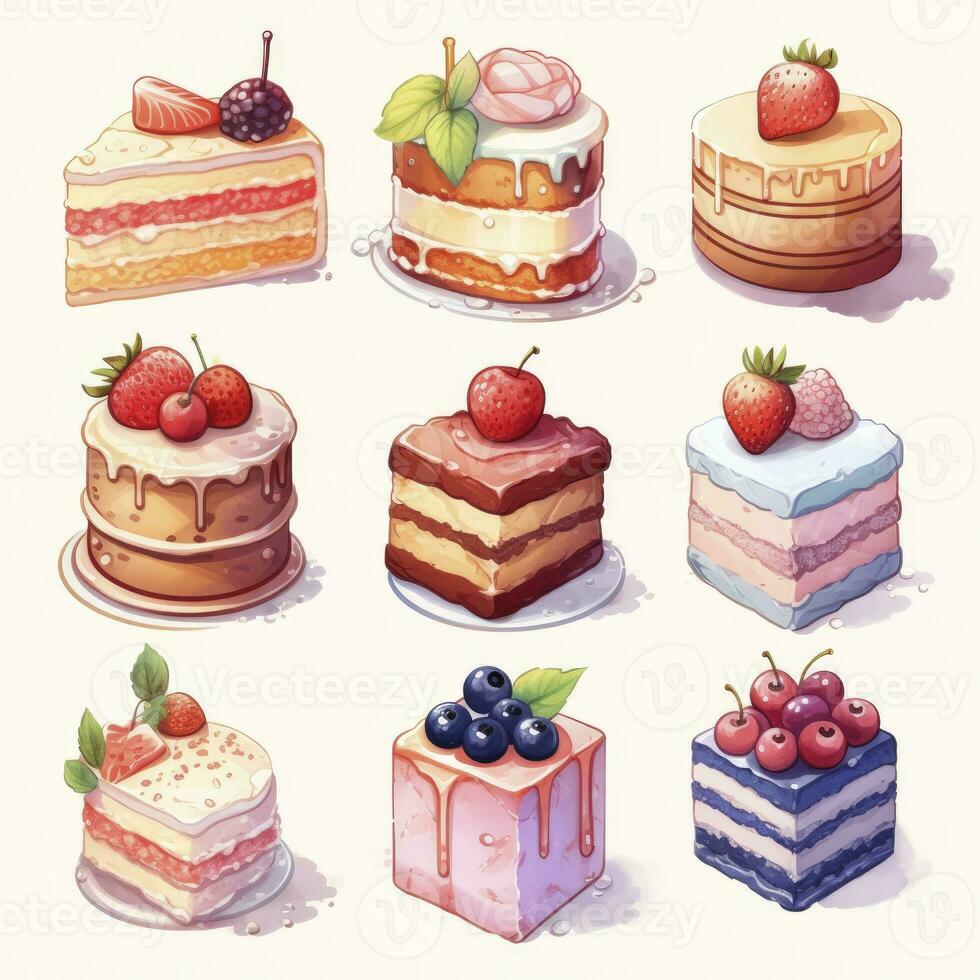 AI generated Set of Cake piece illustration on white background. AI Generated photo