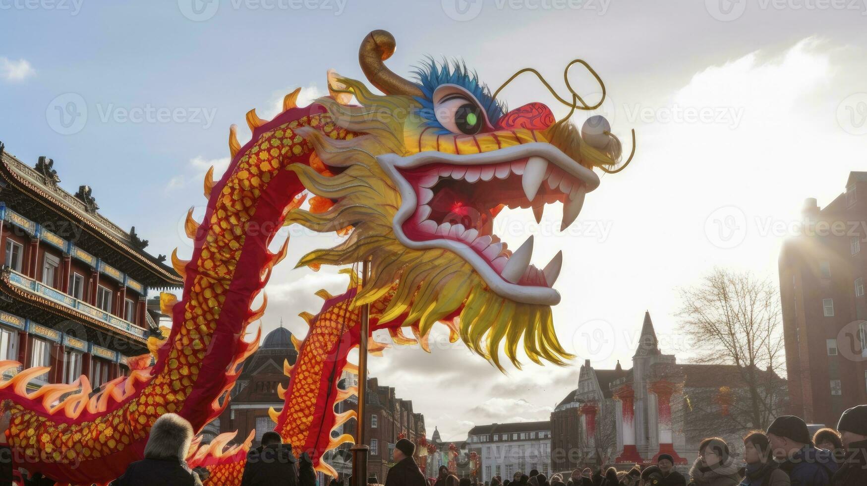 AI generated Chinese Dragon under a bright sky. AI Generated photo