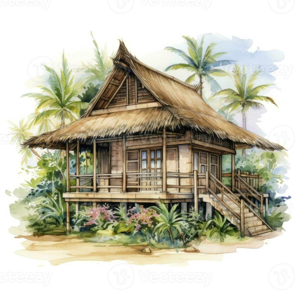AI generated A watercolored bright serene image of a traditional bahay kubo. AI Generated photo