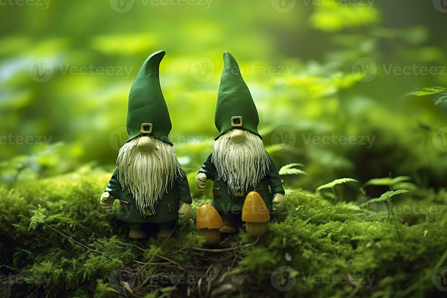 AI generated Toy Irish gnomes in a mystery forest, abstract green natural background. Generative AI photo