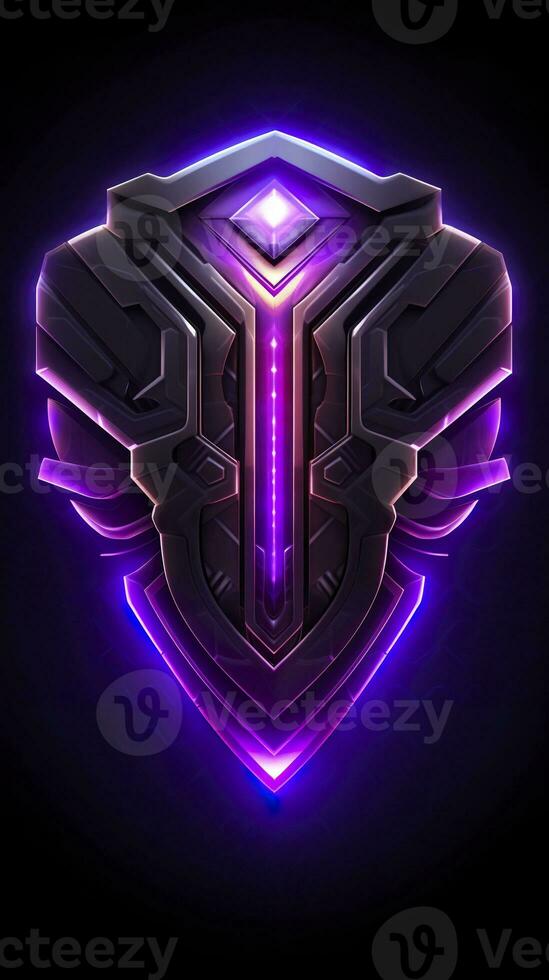 AI generated Amethyst 3D Minimalist Shield Design with a black or dark background with neon lines. AI Generative photo