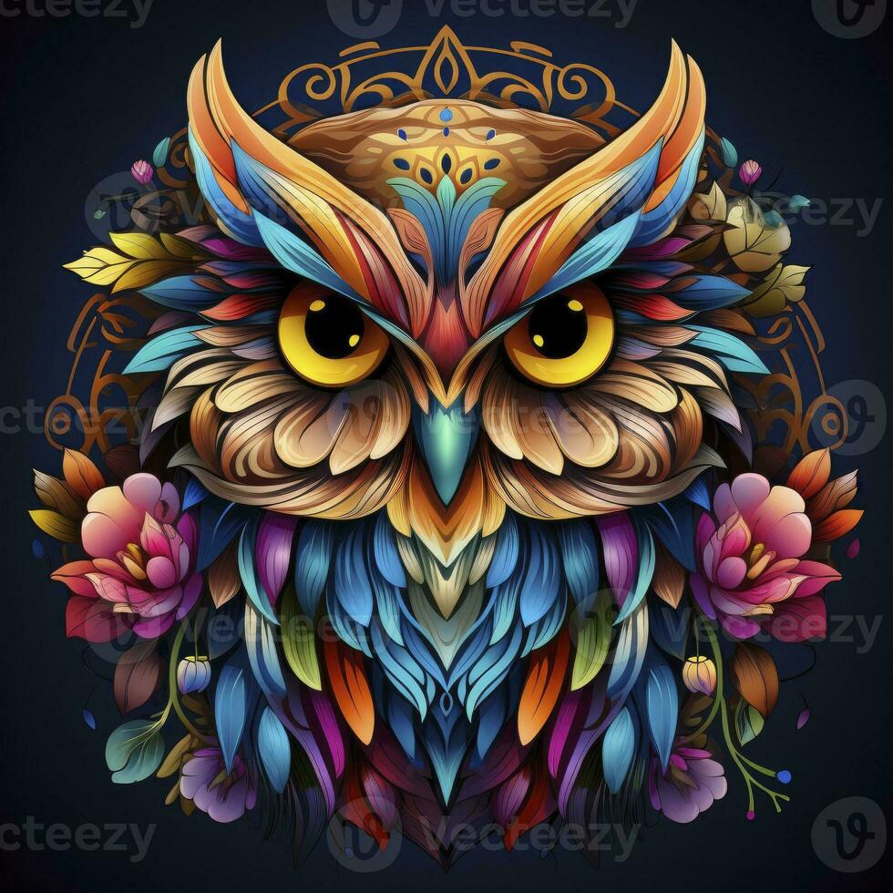 AI generated Multicolored mandala owl coloring page for adults. AI Generated photo