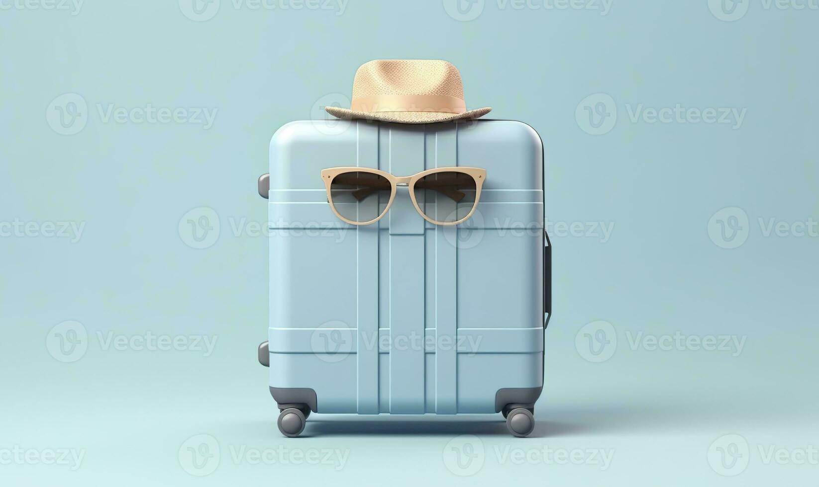 AI generated Blue suitcase with sunglasses on a pastel blue background. travel concept. Generative AI photo