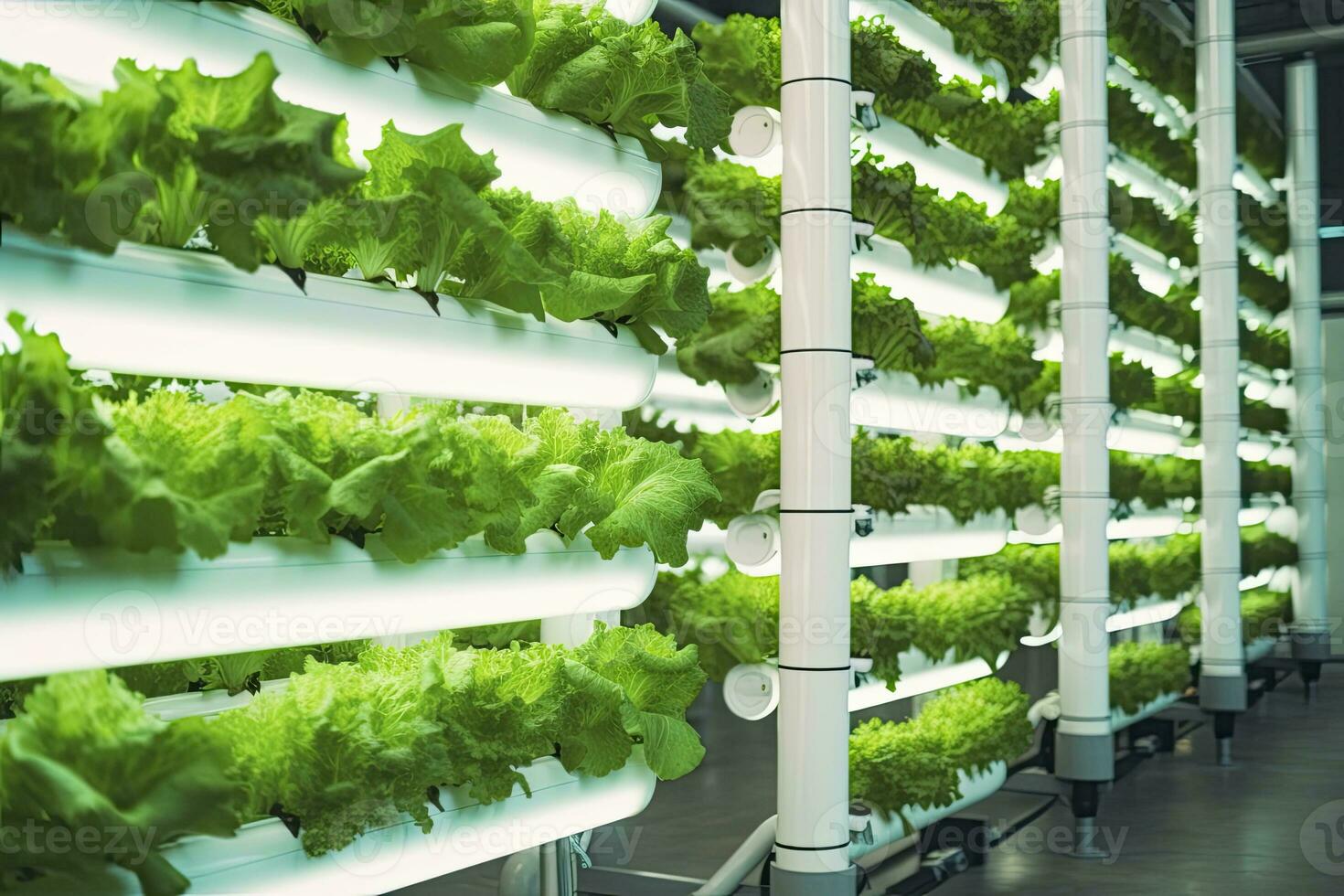 AI generated Vertical Hydroponic Plant System With Cultivated Lettuces. AI Generated photo
