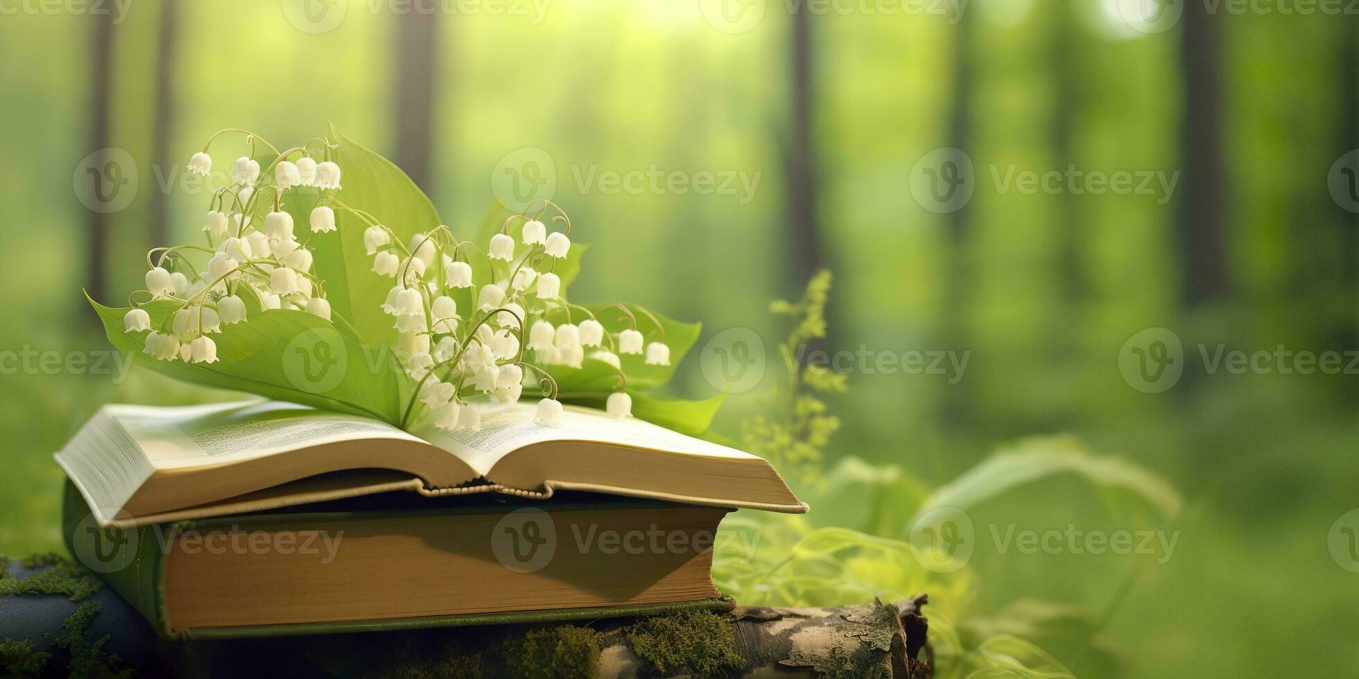 ai generado lirio de el Valle flores y antiguo libros en el bosque, verde natural antecedentes. ai generado foto