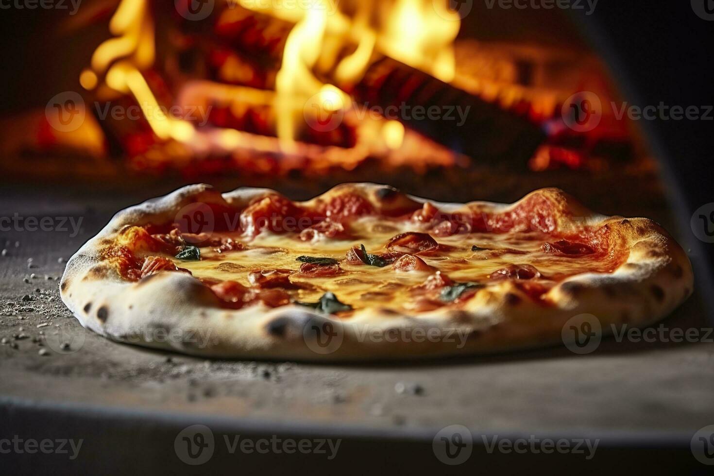 AI generated Freshly baked pizza closeup, traditional wood fired oven background. AI Generated photo