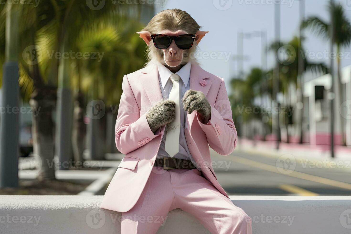 AI generated A Monkey is wearing sunglasses, suit and standing on street. AI Generated photo