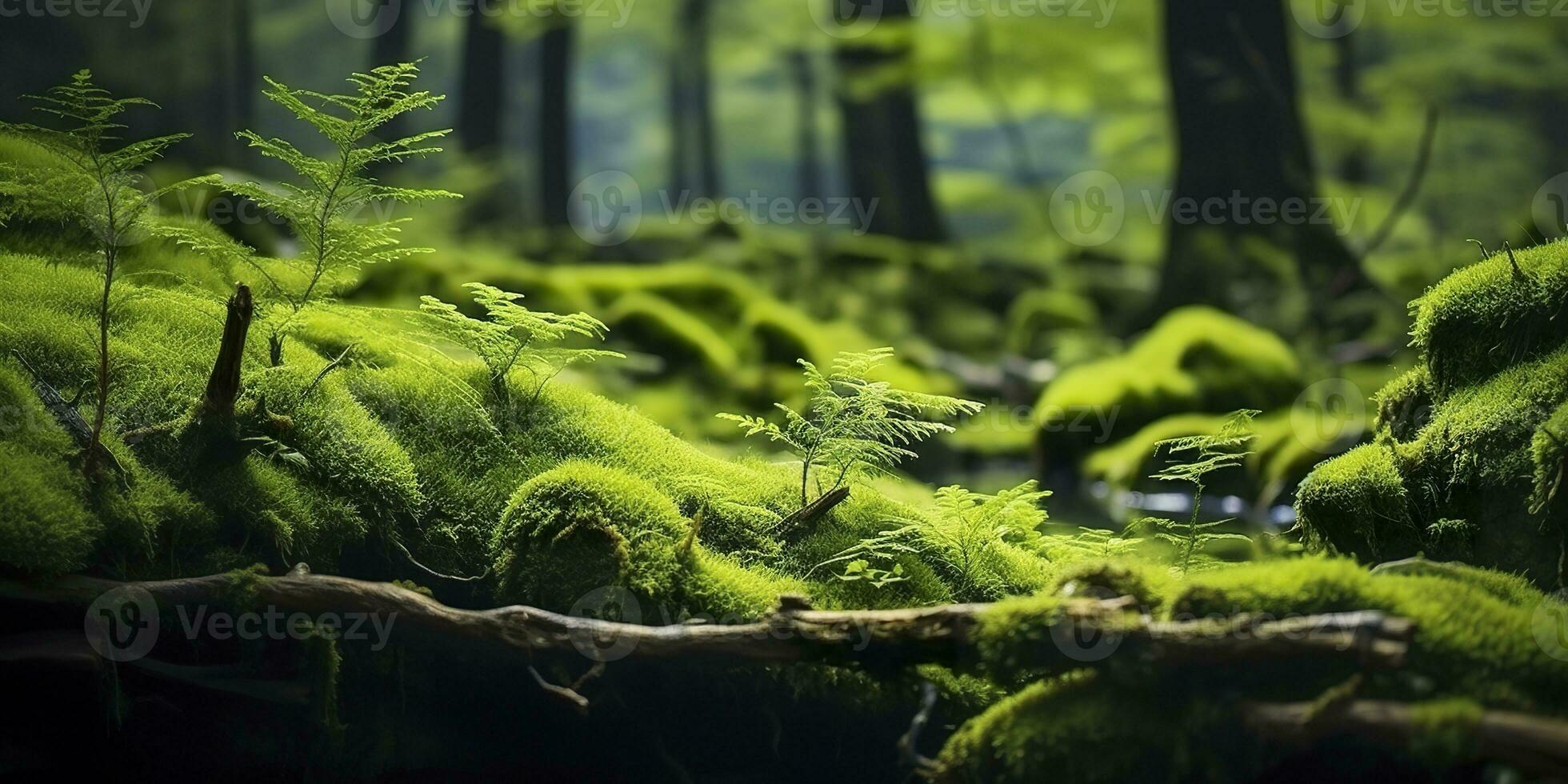 ai generado verde musgo de cerca, con un fondo de bosque. bosque en el nacional parque. ai generado foto