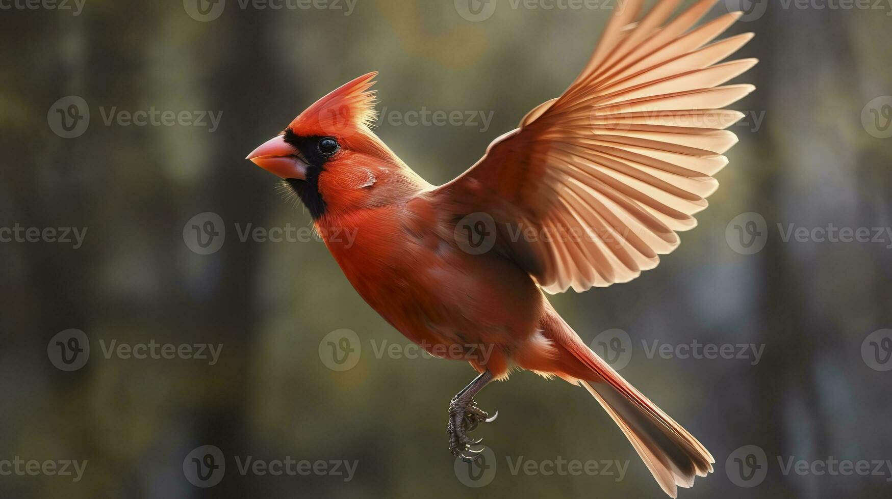 AI generated Northern Cardinal coming in for a landing. Generative AI photo