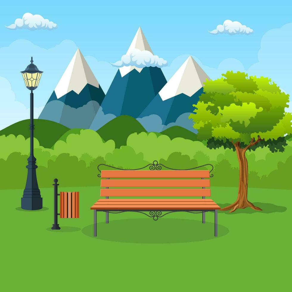 Summer, spring day park. Wooden bench, street lamp in park , bushes and mountains in the background. Vector illustration in flat style