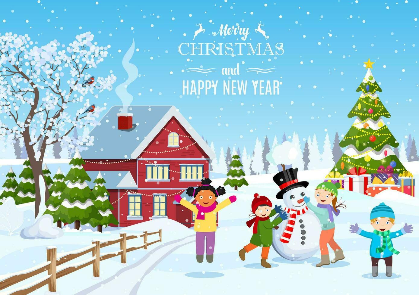 Suburban house covered snow. Building in holiday ornament. Christmas landscape tree spruce, snowman. Happy new year decoration. Merry christmas holiday. Children building snowman. Vector illustration
