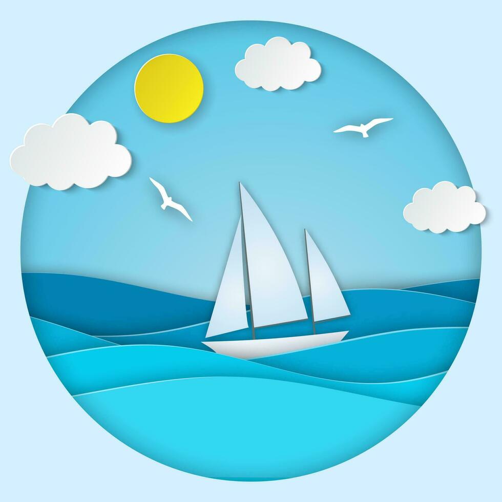 Sailboat in the sea. Sun, clouds. Paper cut illustration for advertising, travel, tourism, cruises, travel agency Vector illustration