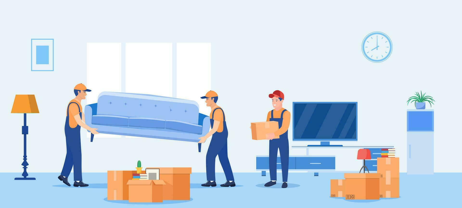 Concept moving house. Men in overalls taking boxes and furniture out of apartment. Moving with boxes to new home. Pile of stacked cardboard boxes. Vector illustration in flat style