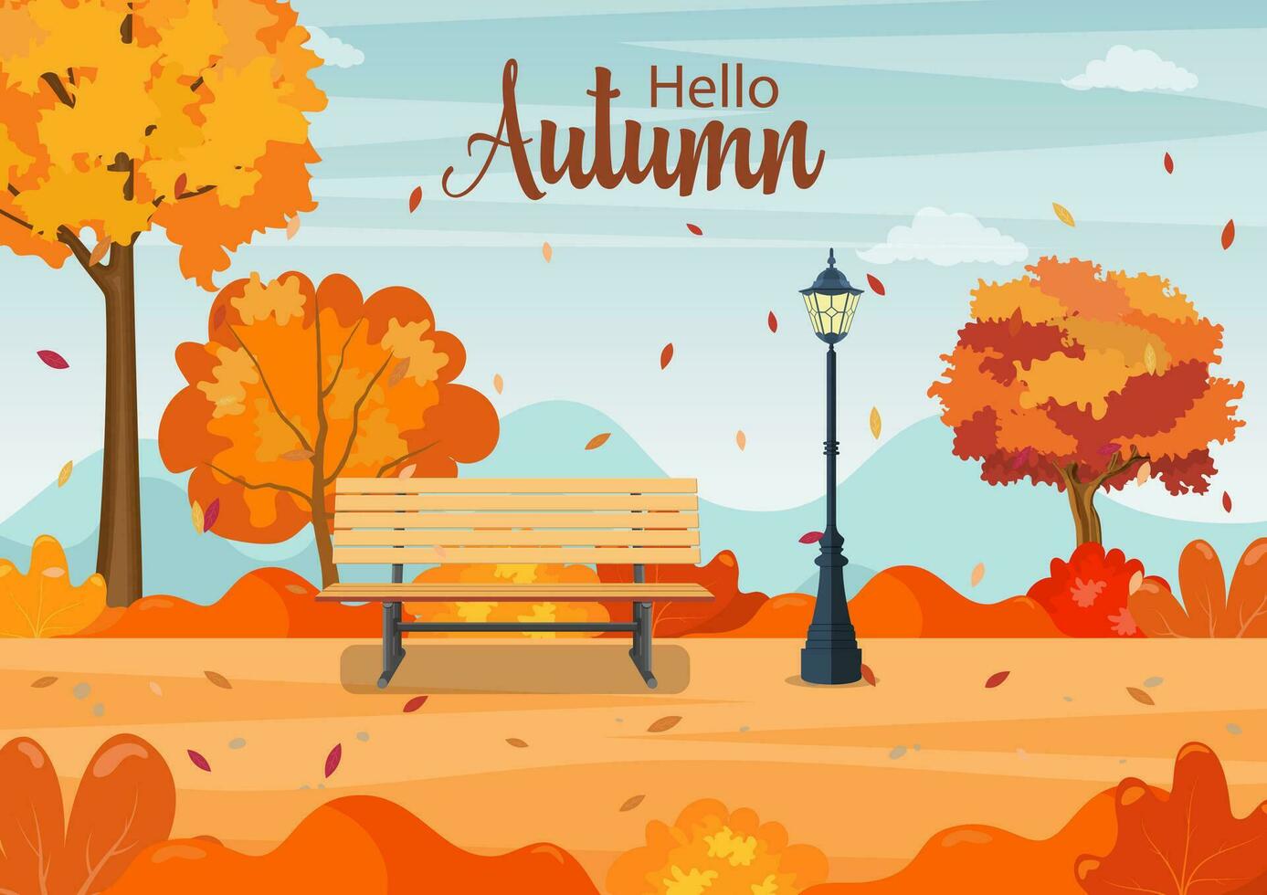 beautiful autumn city park with bench. Beautiful urban fall park for banner, poster, web. Vector illustration in flat style.