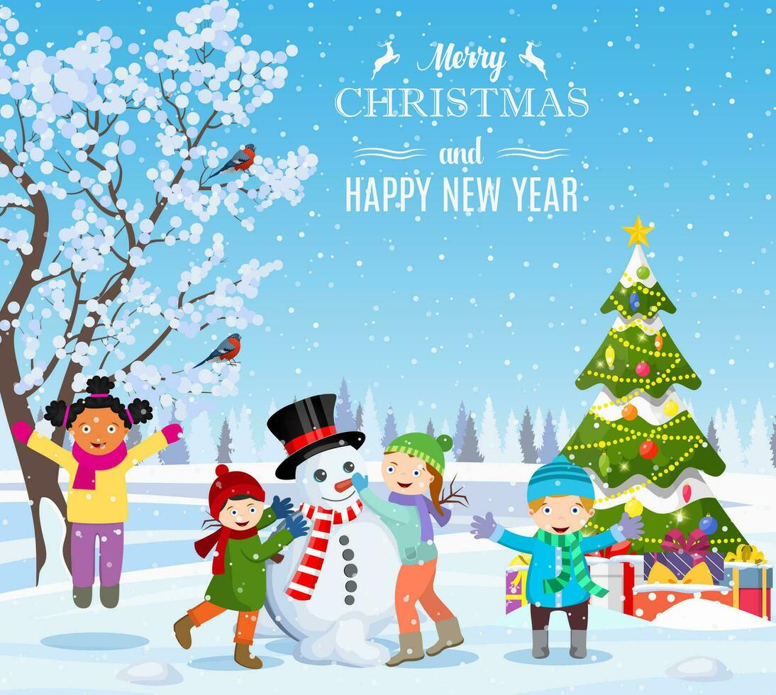 happy new year and merry Christmas greeting card. Christmas landscape. christmas tree. Children building snowman. Winter holidays. Vector illustration in flat style