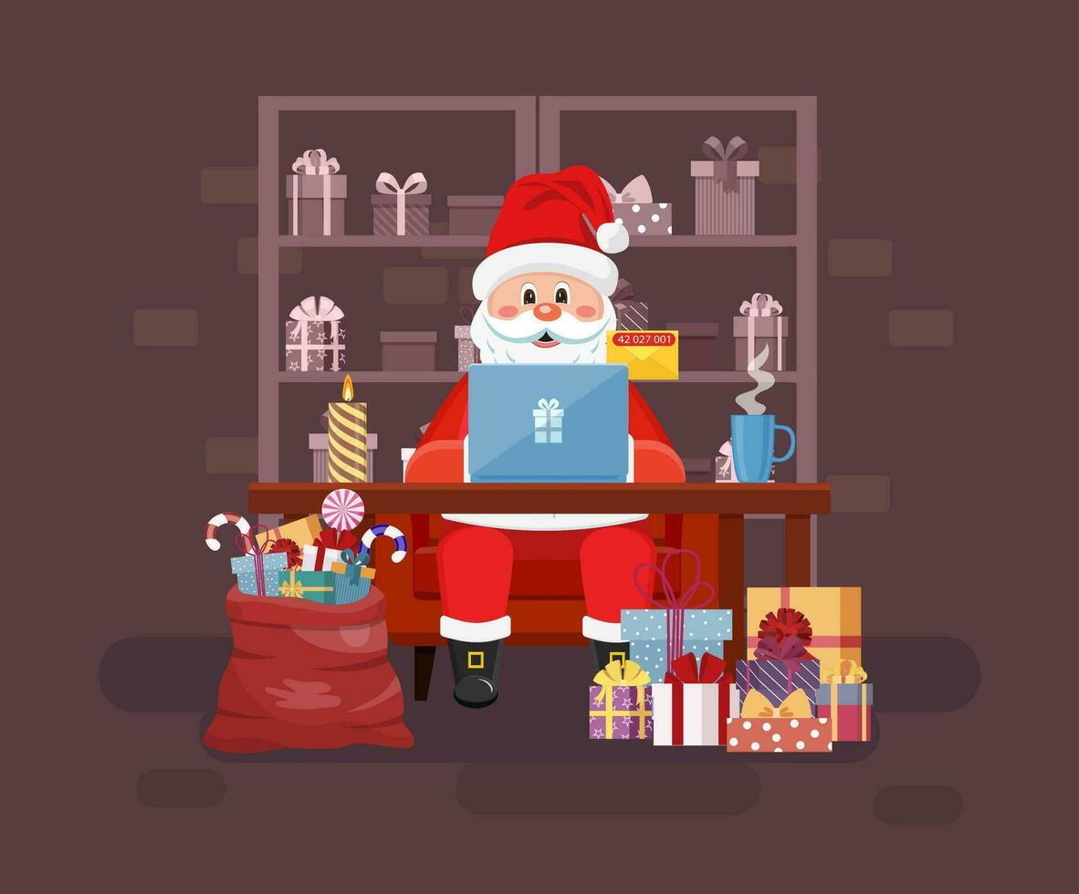 Santa Work space with Laptop checking emails. Merry Christmas Night Greeting Card Design. Vector illustration in flat style