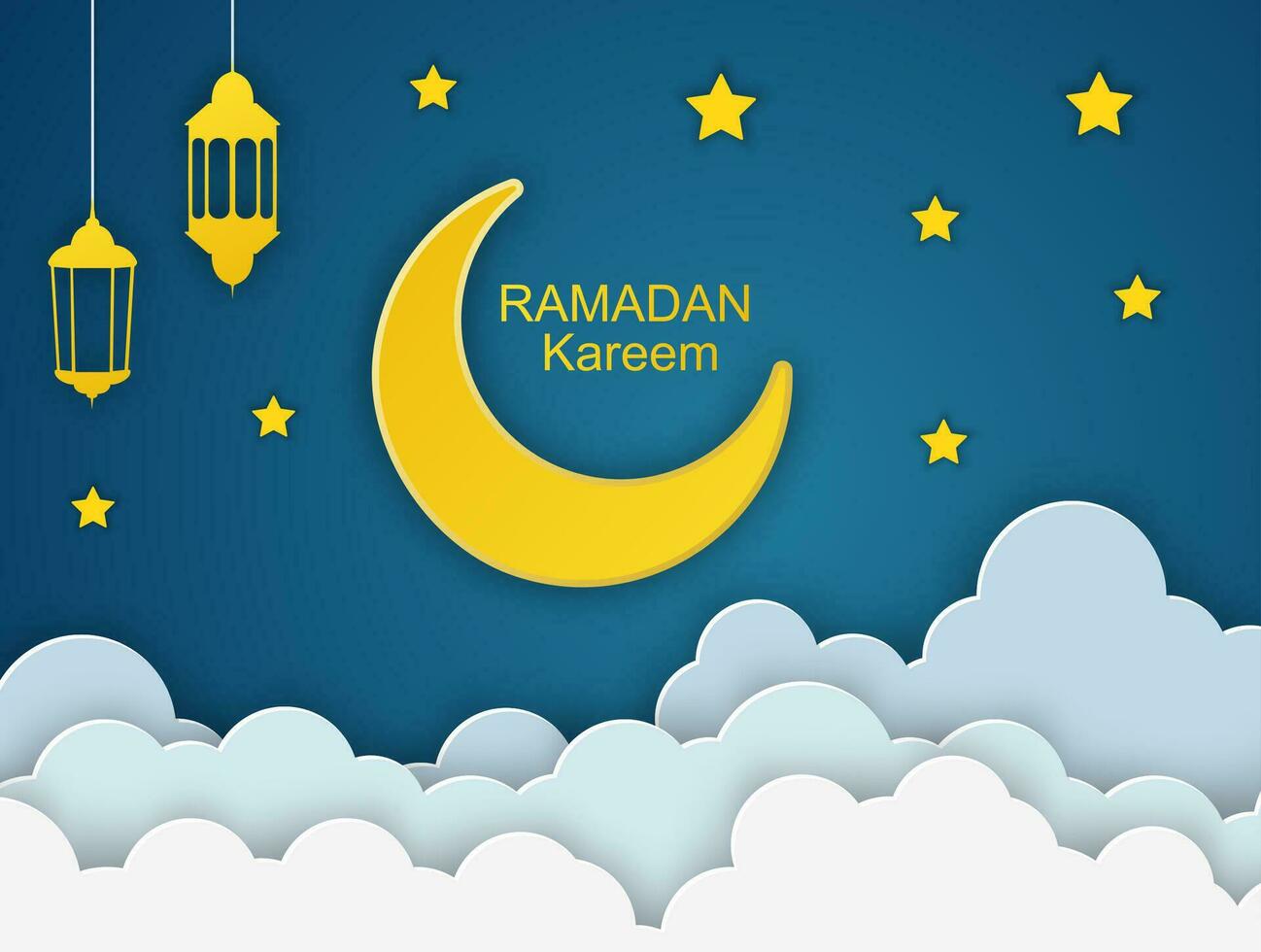 Ramadan Kareem with Gold Moon, 3d Paper cut Clouds and Stars on Night Sky Background. Vector illustration. Traditional Lanterns and Place for your Text.