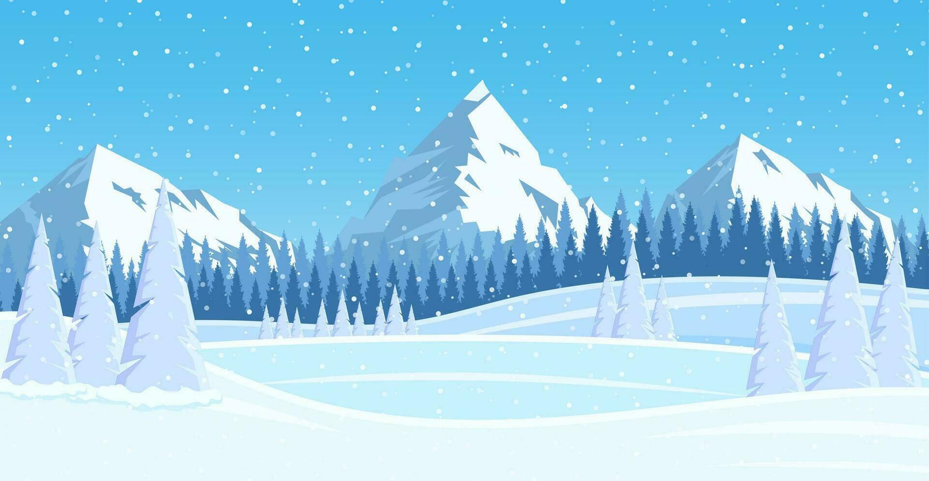 Christmas landscape background with snow and tree. Merry christmas holiday. New year and xmas celebration. Vector illustration in flat style