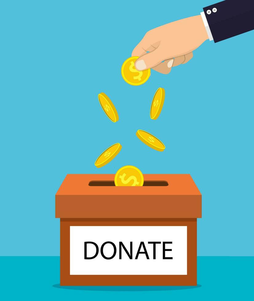 hands depositing coin in a carton box with text banner donate. Donate dollar currency. Vector illustration in flat style