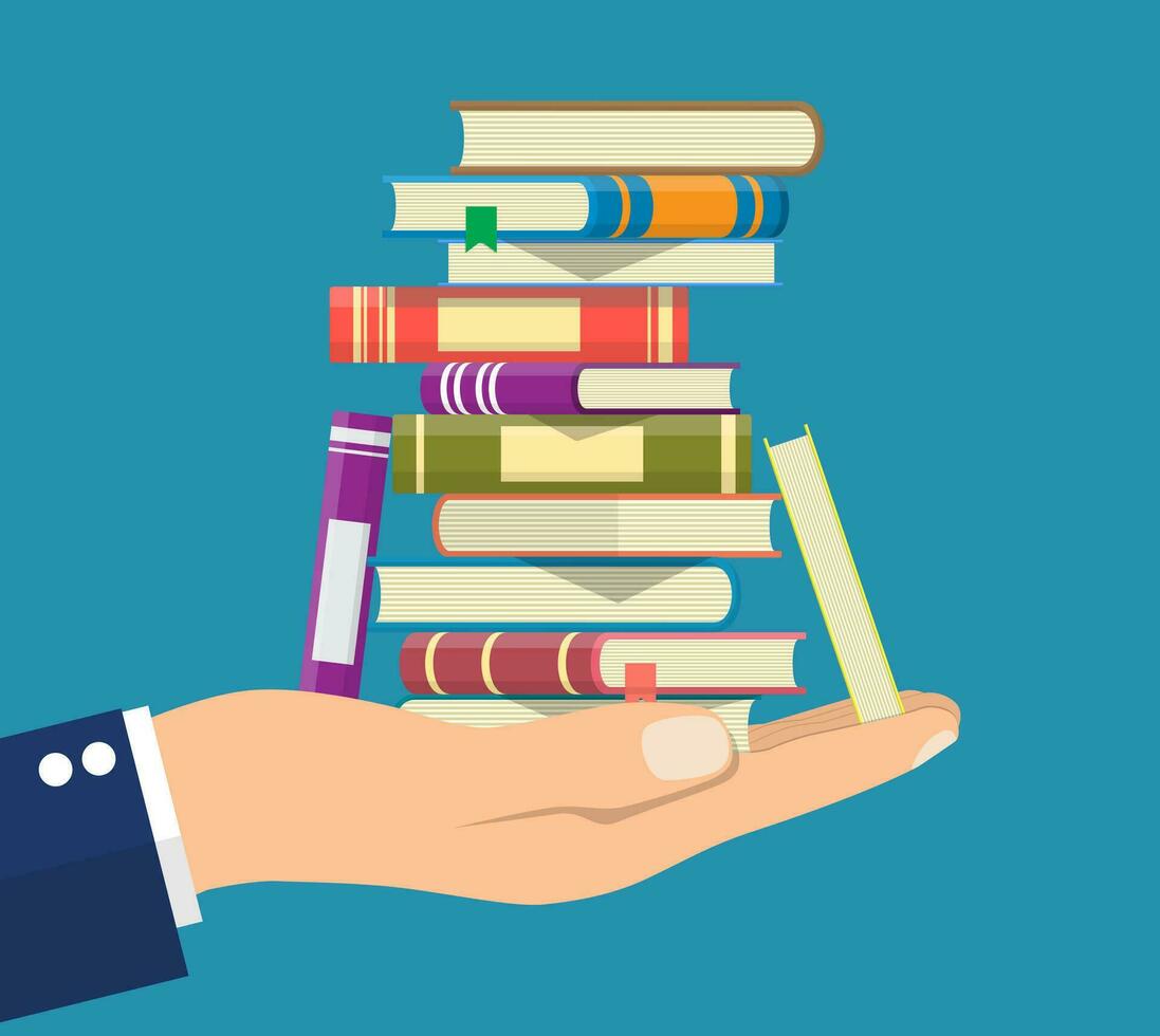 Pile of books in hand. Reading education, e-book, literature, encyclopedia. Vector illustration in flat style