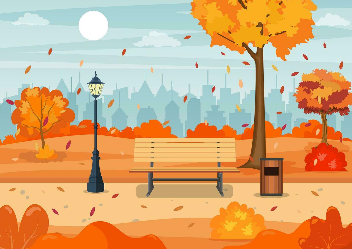 beautiful autumn city park with bench and town building background. Beautiful urban fall park for banner, poster, web. Vector illustration in flat style.