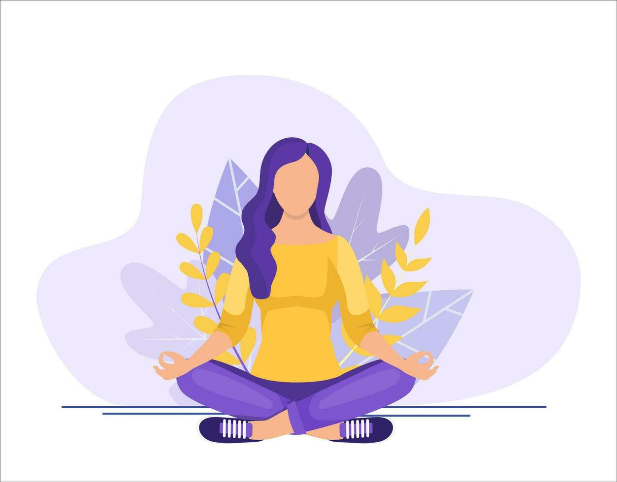 joven mujer sentado en yoga loto pose. concepto de meditación, el salud beneficios para el cuerpo, mente y emociones comienzo y el buscar para ideas vector ilustración en plano estilo